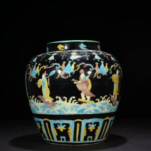 Ming Dynasty Yongle black ground enamel jar with eight immortals figures