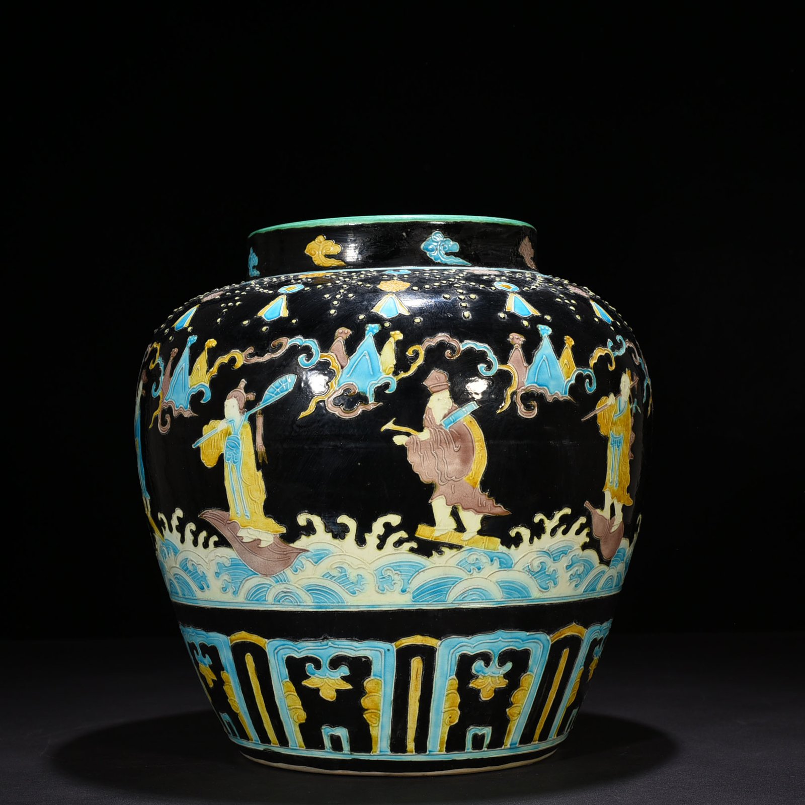 Ming Dynasty Yongle black ground enamel jar with eight immortals figures