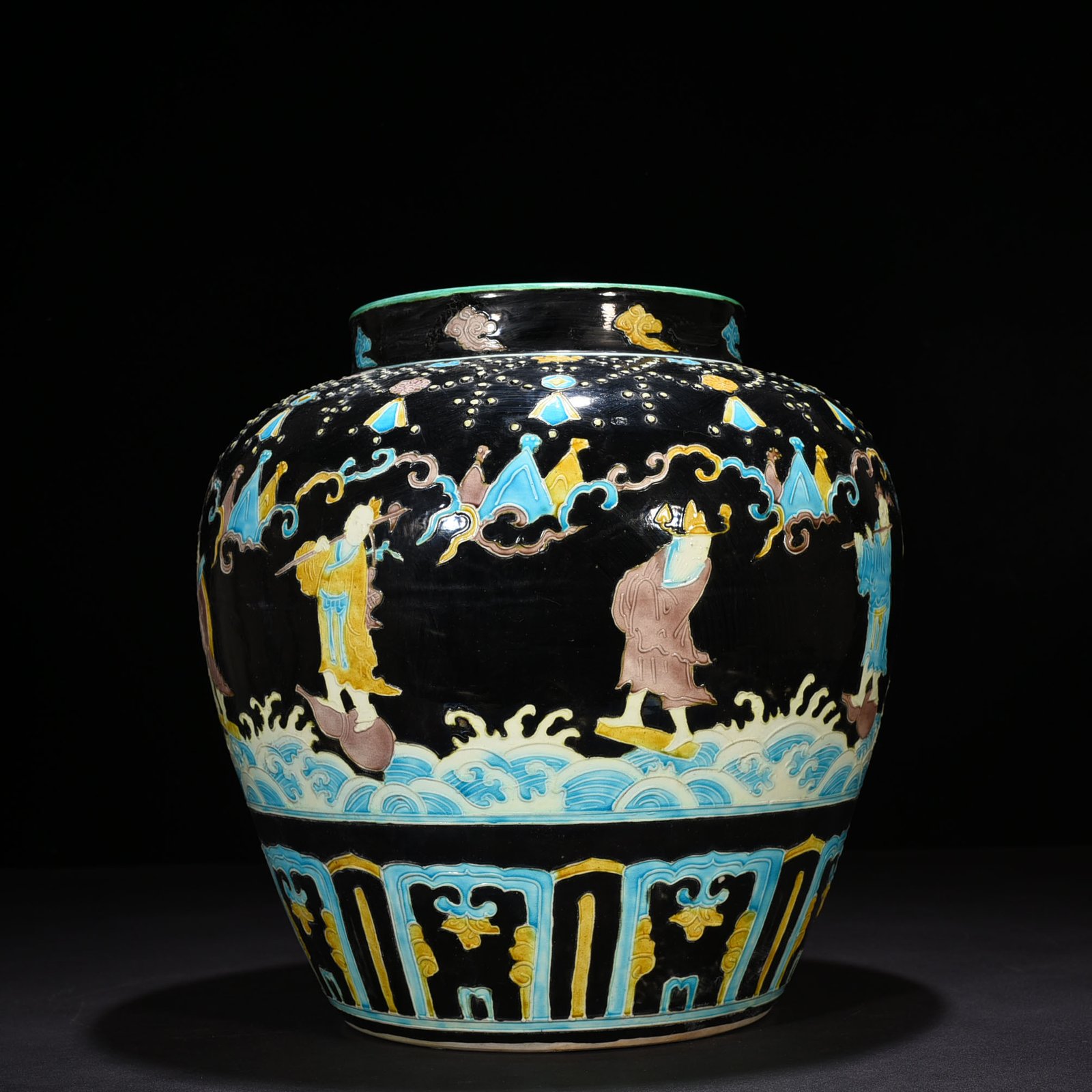 Ming Dynasty Yongle black ground enamel jar with eight immortals figures