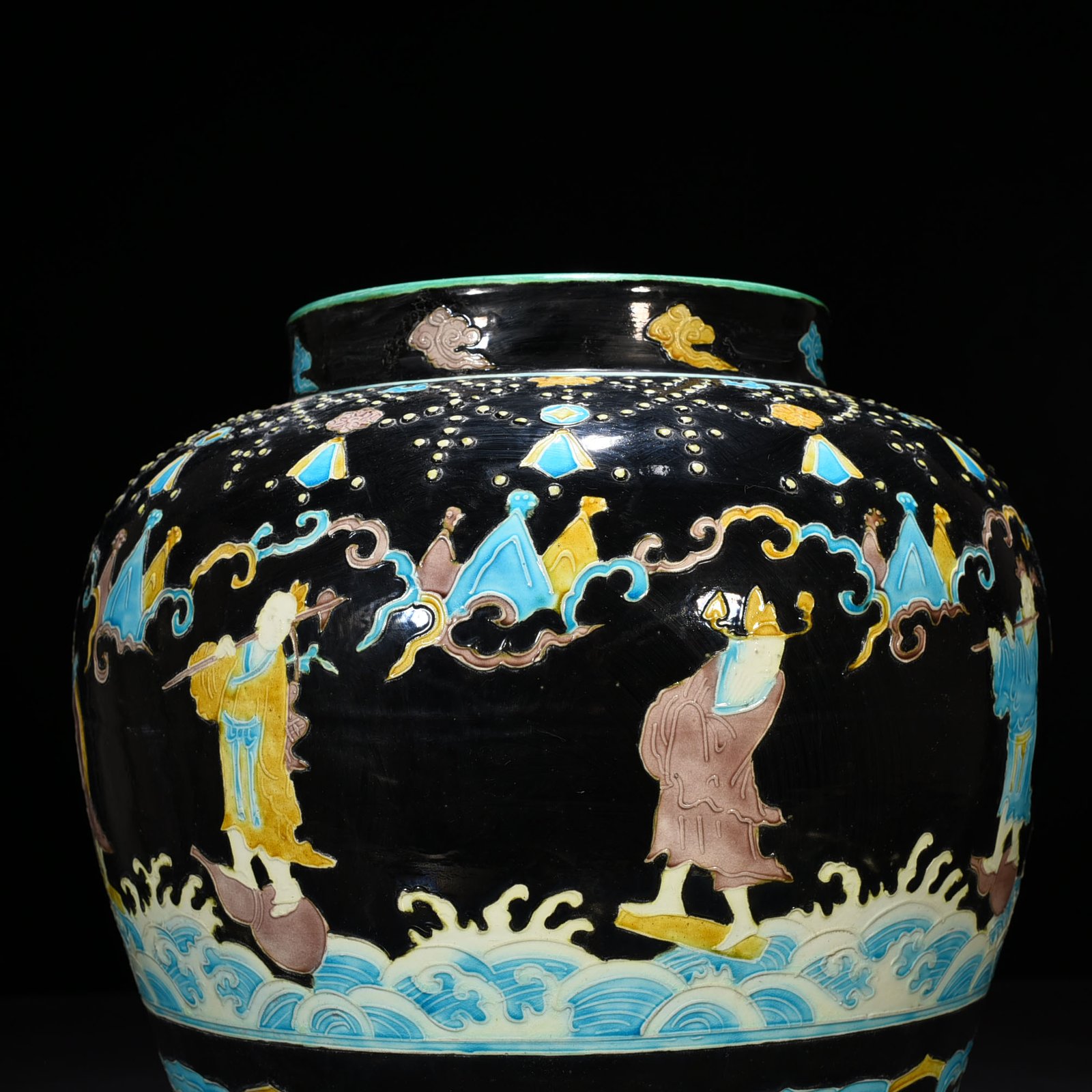 Ming Dynasty Yongle black ground enamel jar with eight immortals figures