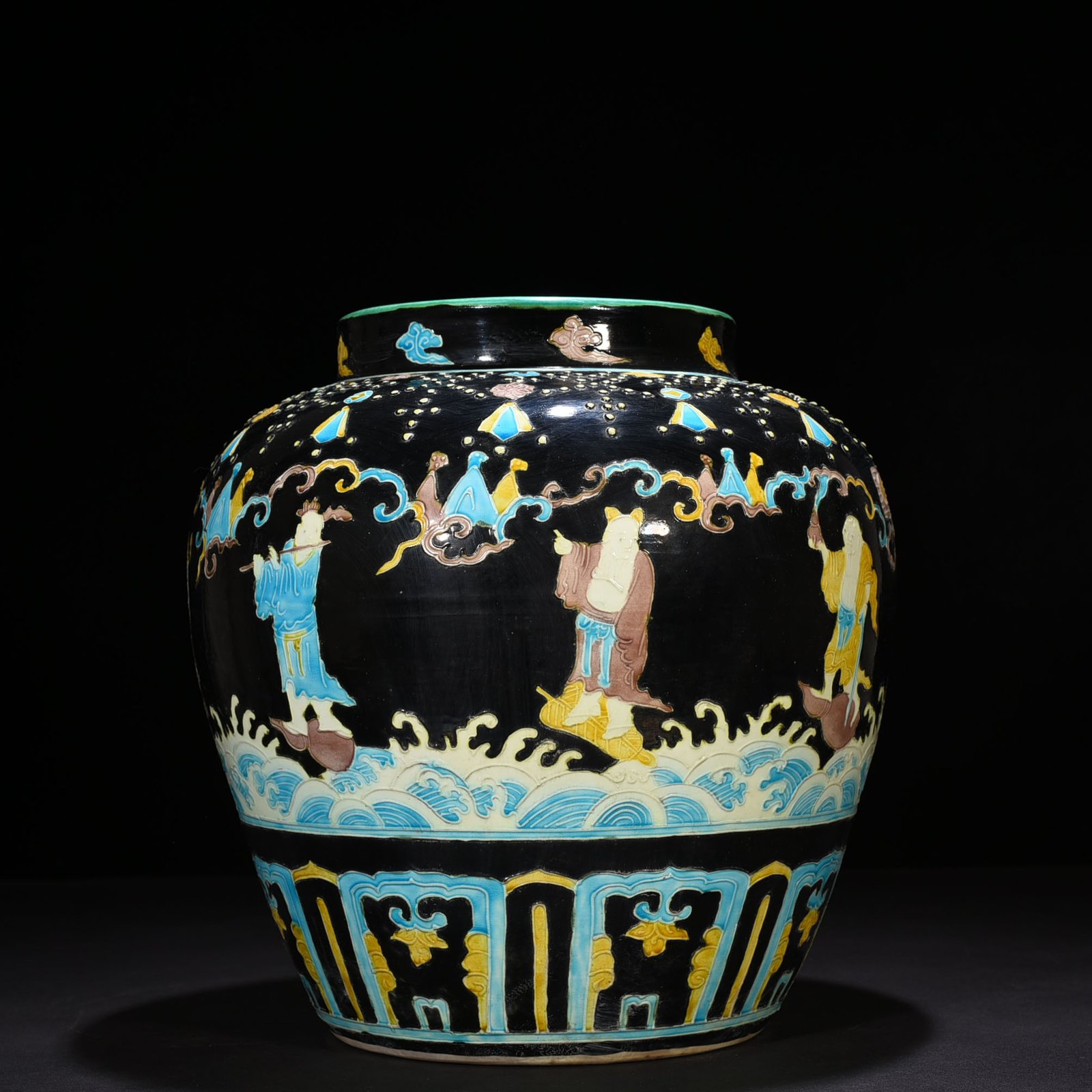 Ming Dynasty Yongle black ground enamel jar with eight immortals figures