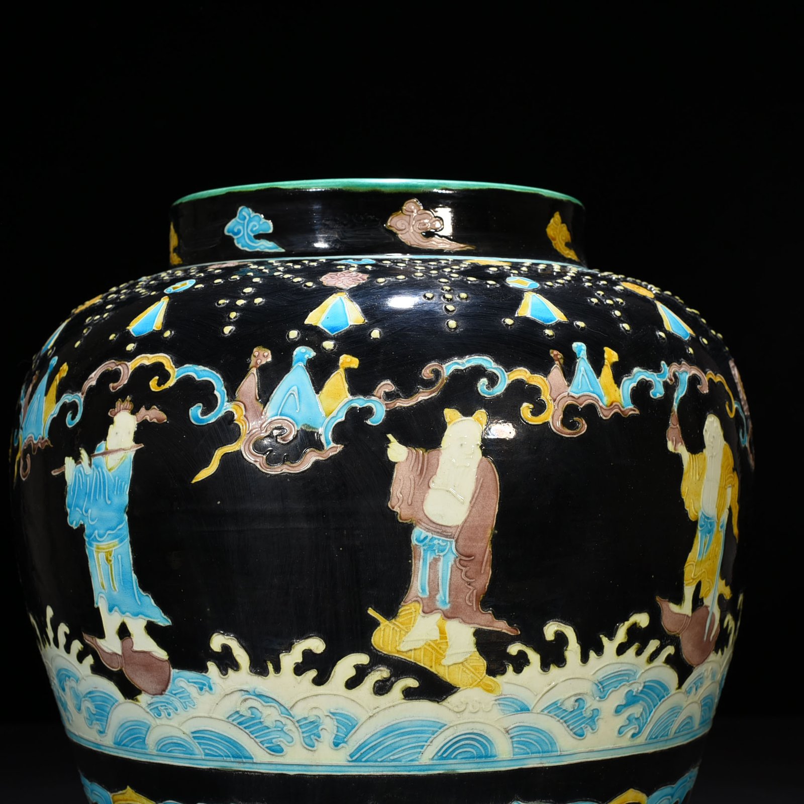 Ming Dynasty Yongle black ground enamel jar with eight immortals figures
