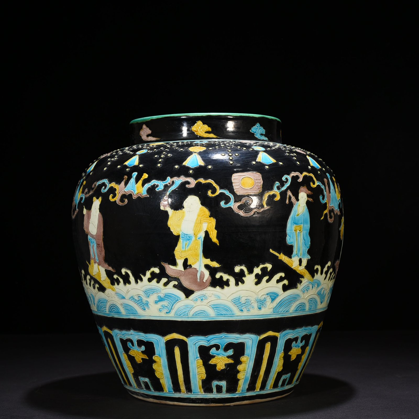 Ming Dynasty Yongle black ground enamel jar with eight immortals figures