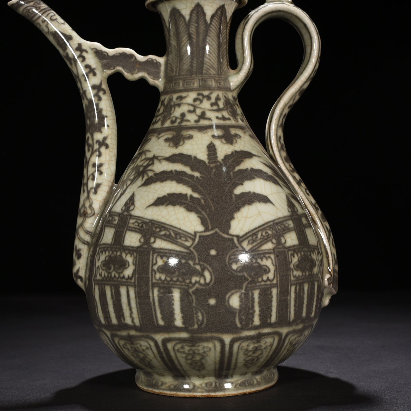 Ming Dynasty Hongwu underglaze red lake stone ewer with banana leaf