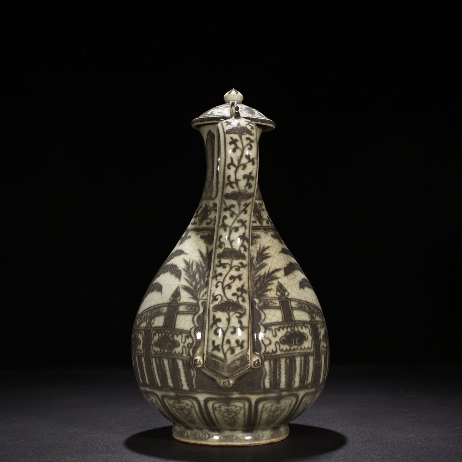 Ming Dynasty Hongwu underglaze red lake stone ewer with banana leaf