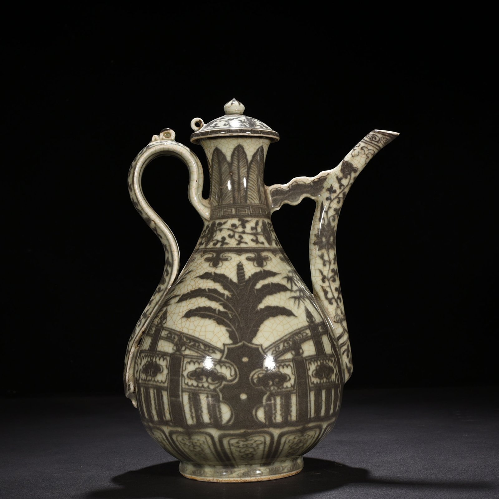 Ming Dynasty Hongwu underglaze red lake stone ewer with banana leaf