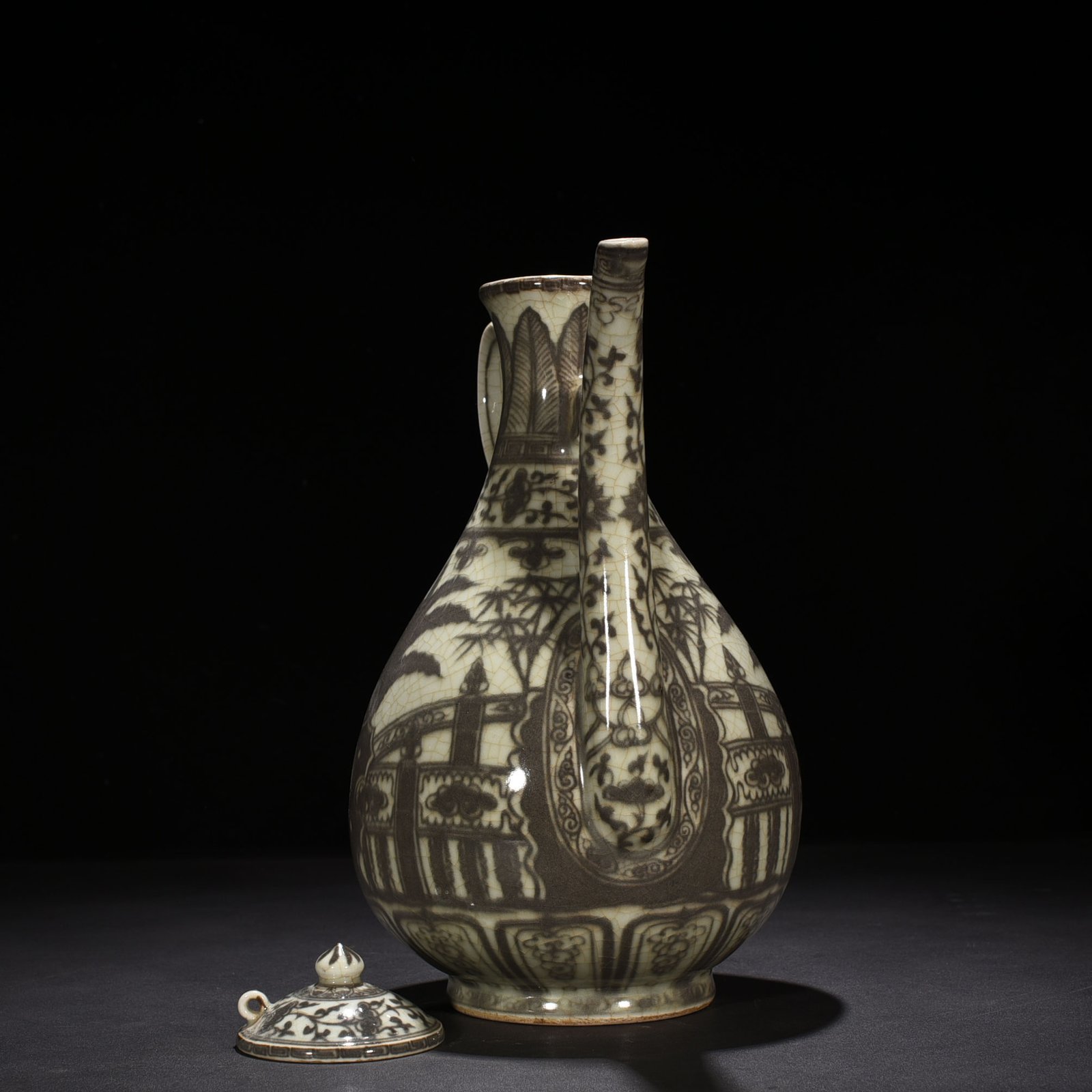 Ming Dynasty Hongwu underglaze red lake stone ewer with banana leaf