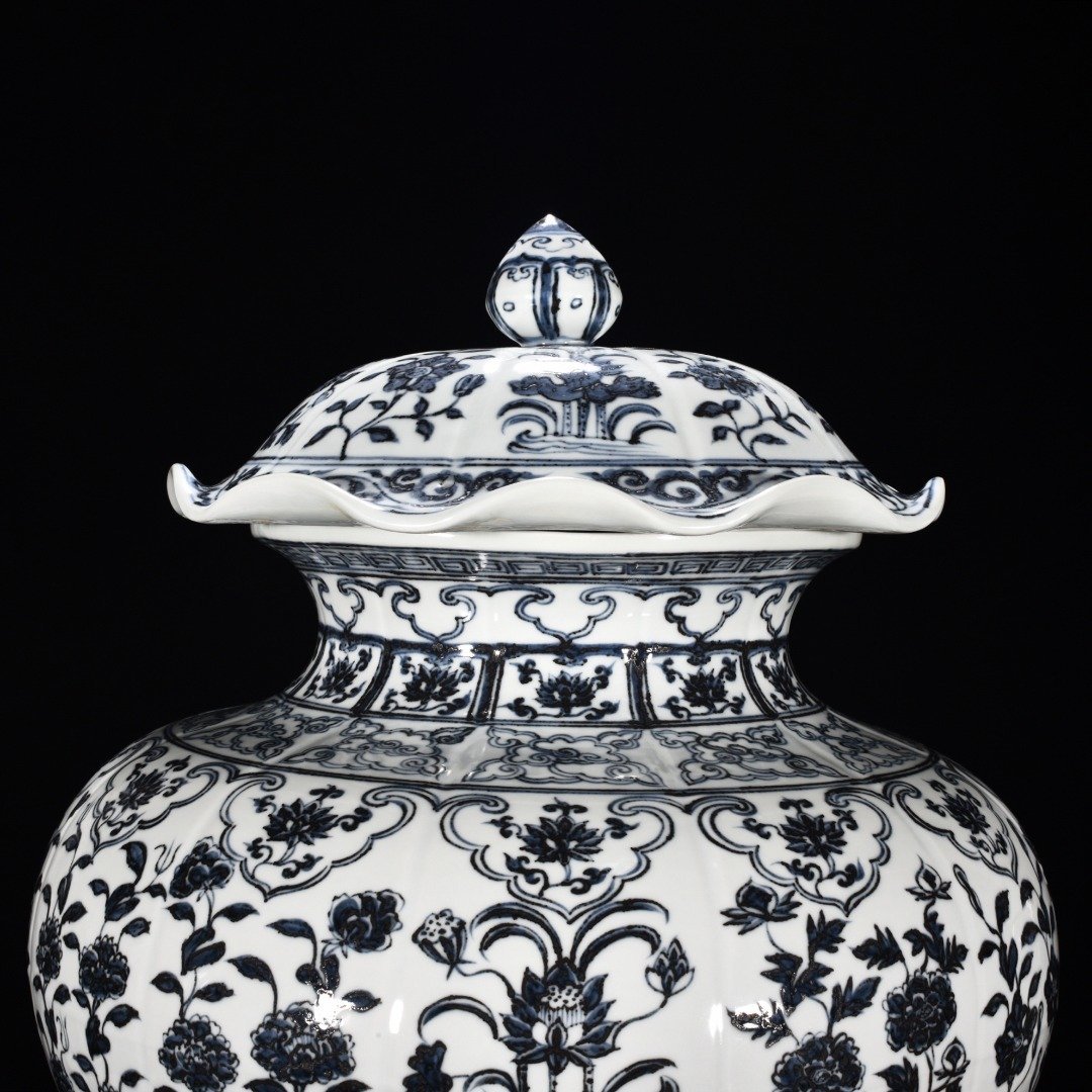 Ming Dynasty Hongwu blue and white flower lotus leaf covered jar