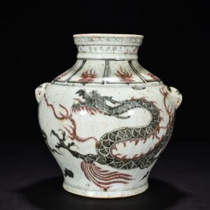 Ming Dynasty Hongwu blue and white underglaze red cloud dragon and tiger head jar