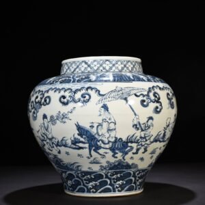Ming Dynasty blue and white jar with qin and friends visiting friends