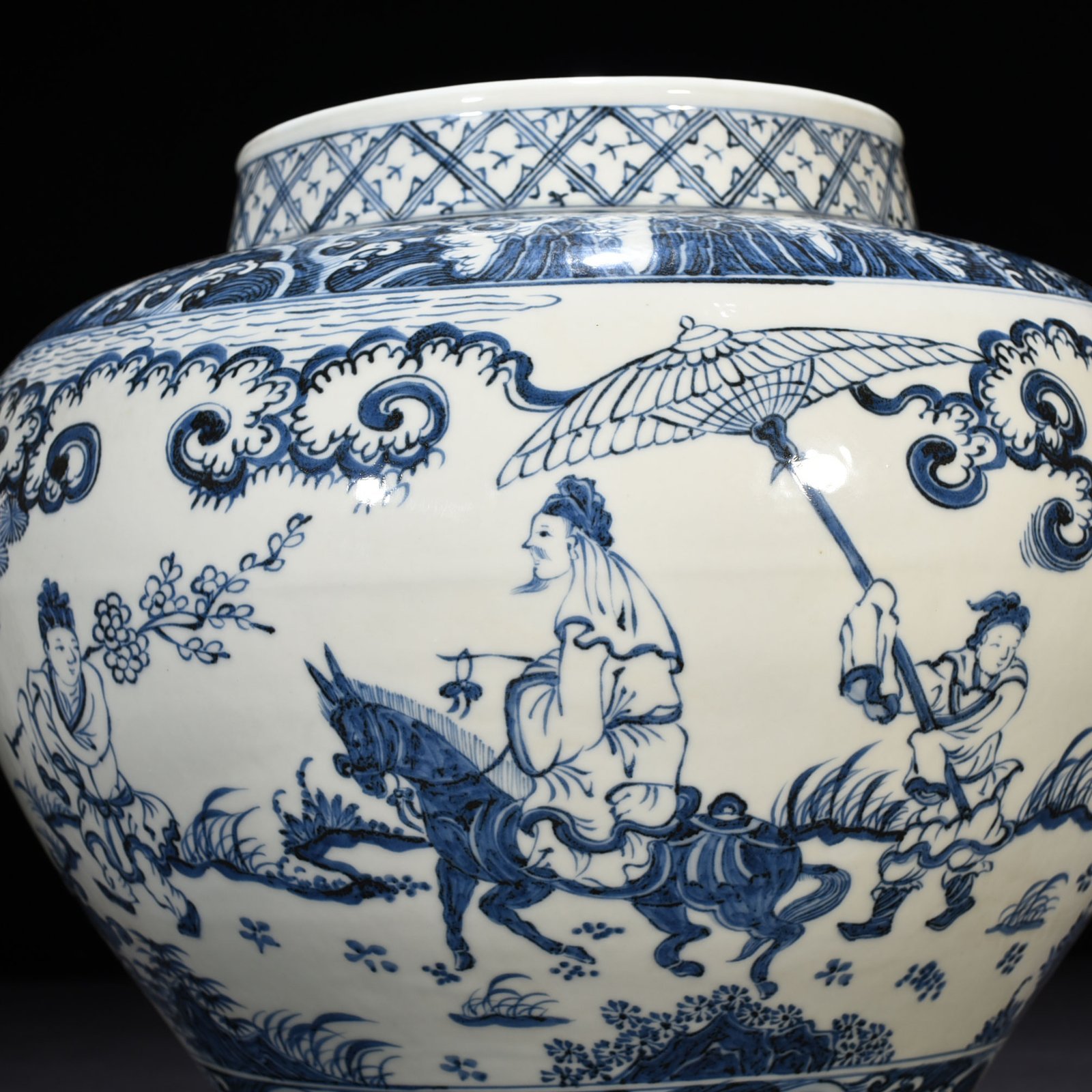 Ming Dynasty blue and white jar with qin and friends visiting friends