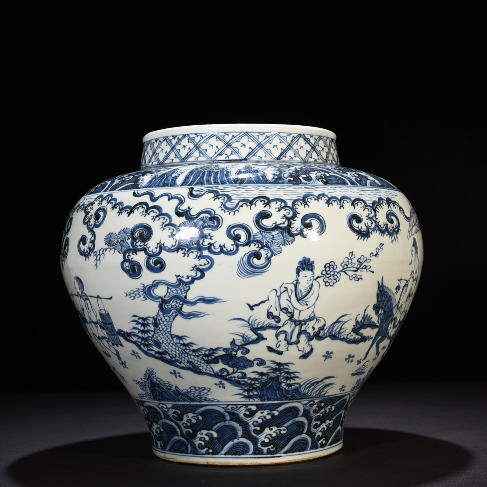 Ming Dynasty blue and white jar with qin and friends visiting friends