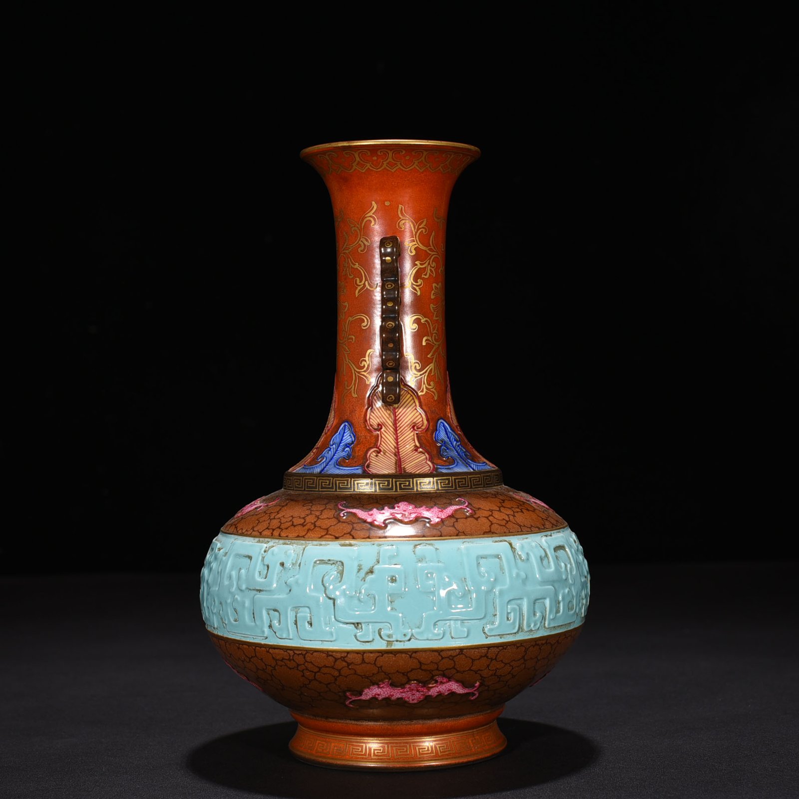 Qing Dynasty Qianlong Bronze Painted Gold Carved Chilong Amphora