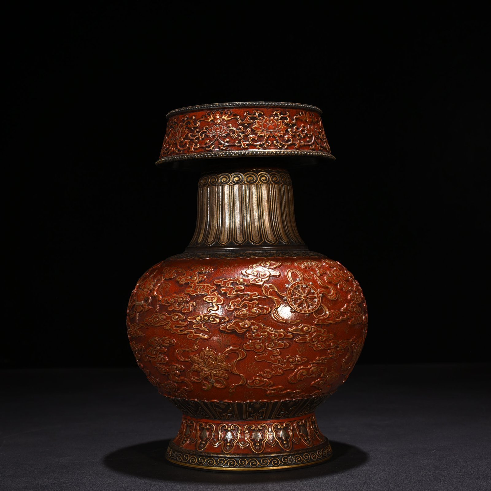 Qing Dynasty Qianlong bronze glazed alum red gold engraved eight treasures military holding