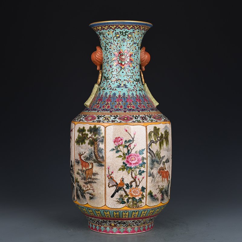 Qing Dynasty Qianlong Ge-glazed pastel flower bird and animal amphorae