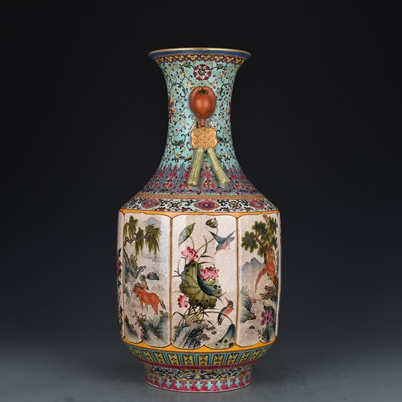 Qing Dynasty Qianlong Ge-glazed pastel flower bird and animal amphorae