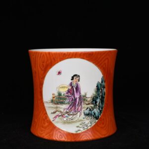 Qing Dynasty Qianlong Tang Ying style wood grain glaze consecrated pastel lady figure pen holder