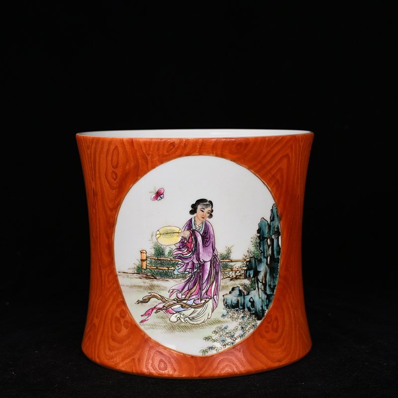 Qing Dynasty Qianlong Tang Ying style wood grain glaze consecrated pastel lady figure pen holder