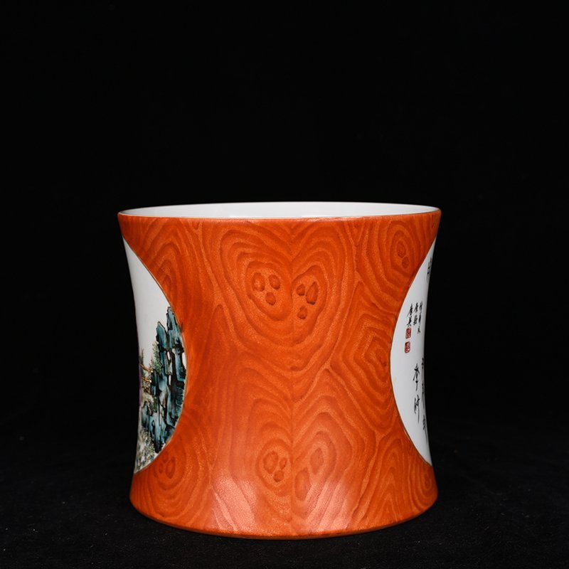 Qing Dynasty Qianlong Tang Ying style wood grain glaze consecrated pastel lady figure pen holder