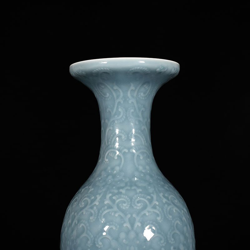 Qing Dynasty Qianlong sky blue glaze carved dish vase with branch and flower