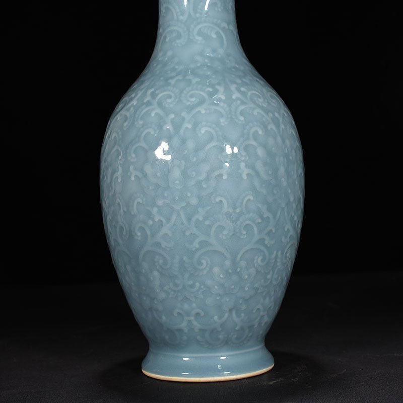 Qing Dynasty Qianlong sky blue glaze carved dish vase with branch and flower
