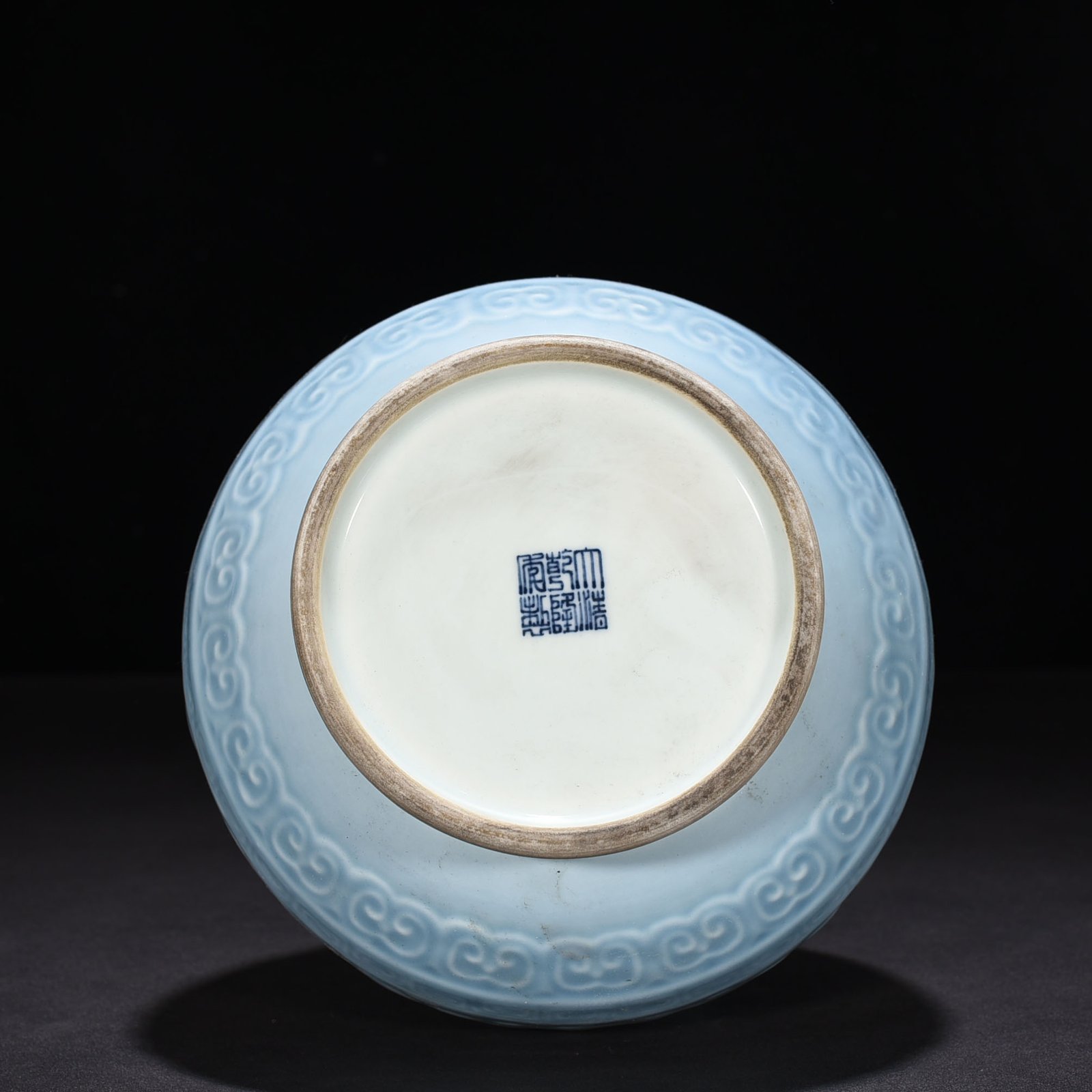 Qing Dynasty Qianlong sky blue glaze carved Taotie jade pot spring vase