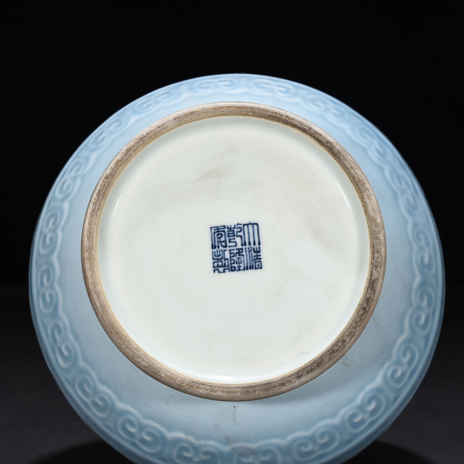 Qing Dynasty Qianlong sky blue glaze carved Taotie jade pot spring vase