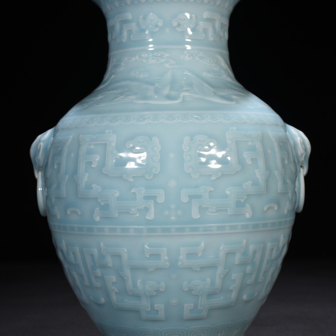 Qing Dynasty Qianlong azure glaze engraved chilong vase with ears