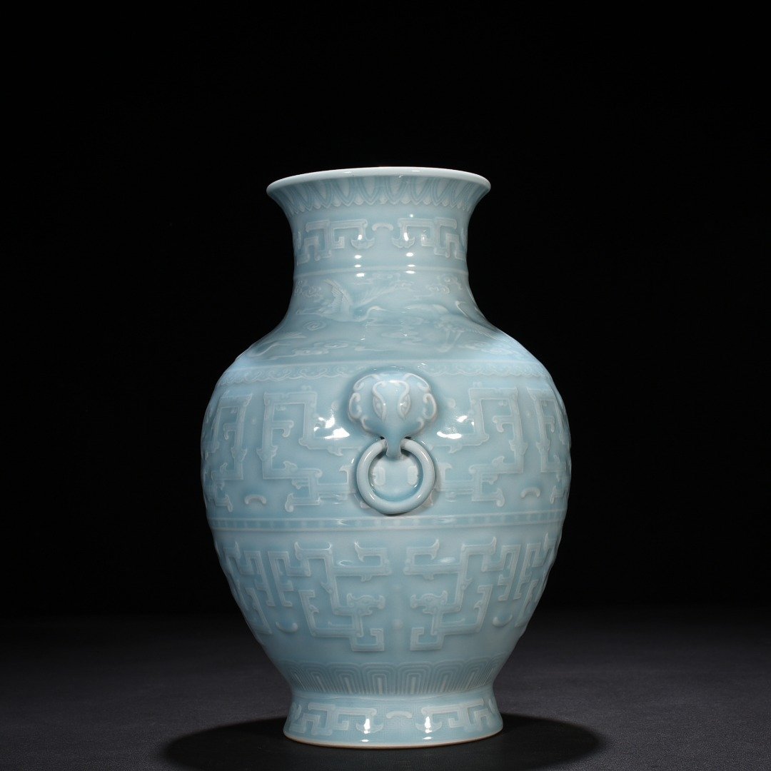 Qing Dynasty Qianlong azure glaze engraved chilong vase with ears