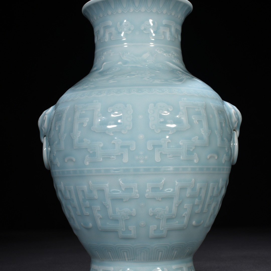 Qing Dynasty Qianlong azure glaze engraved chilong vase with ears