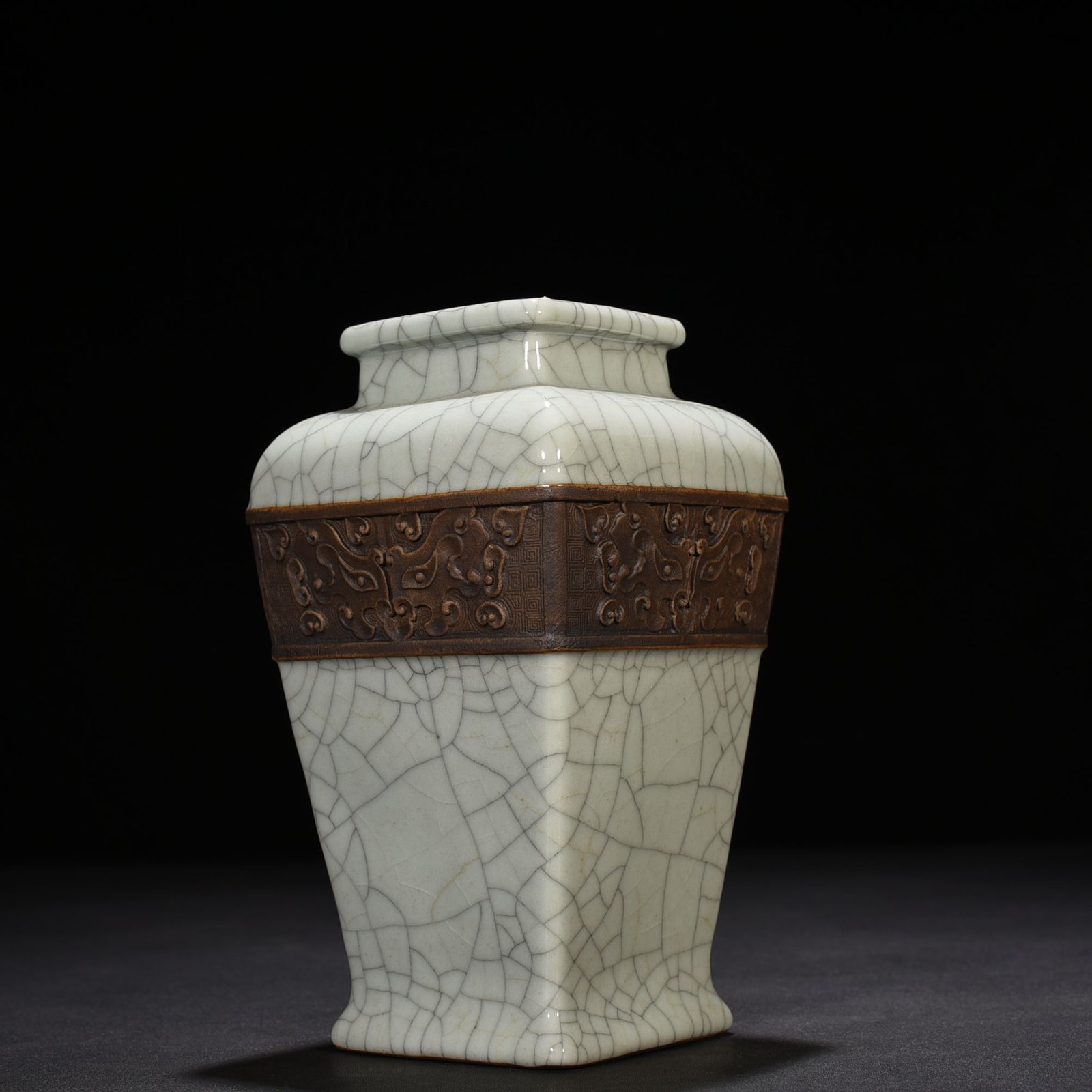 Qing Dynasty Qianlong official kiln carved Taotie square vase