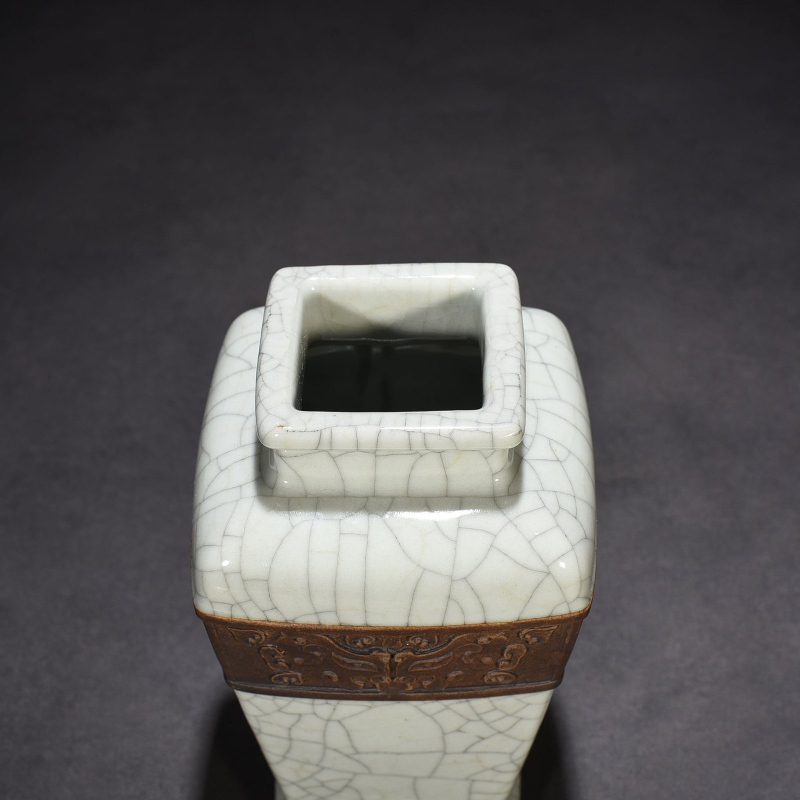 Qing Dynasty Qianlong official kiln carved Taotie square vase
