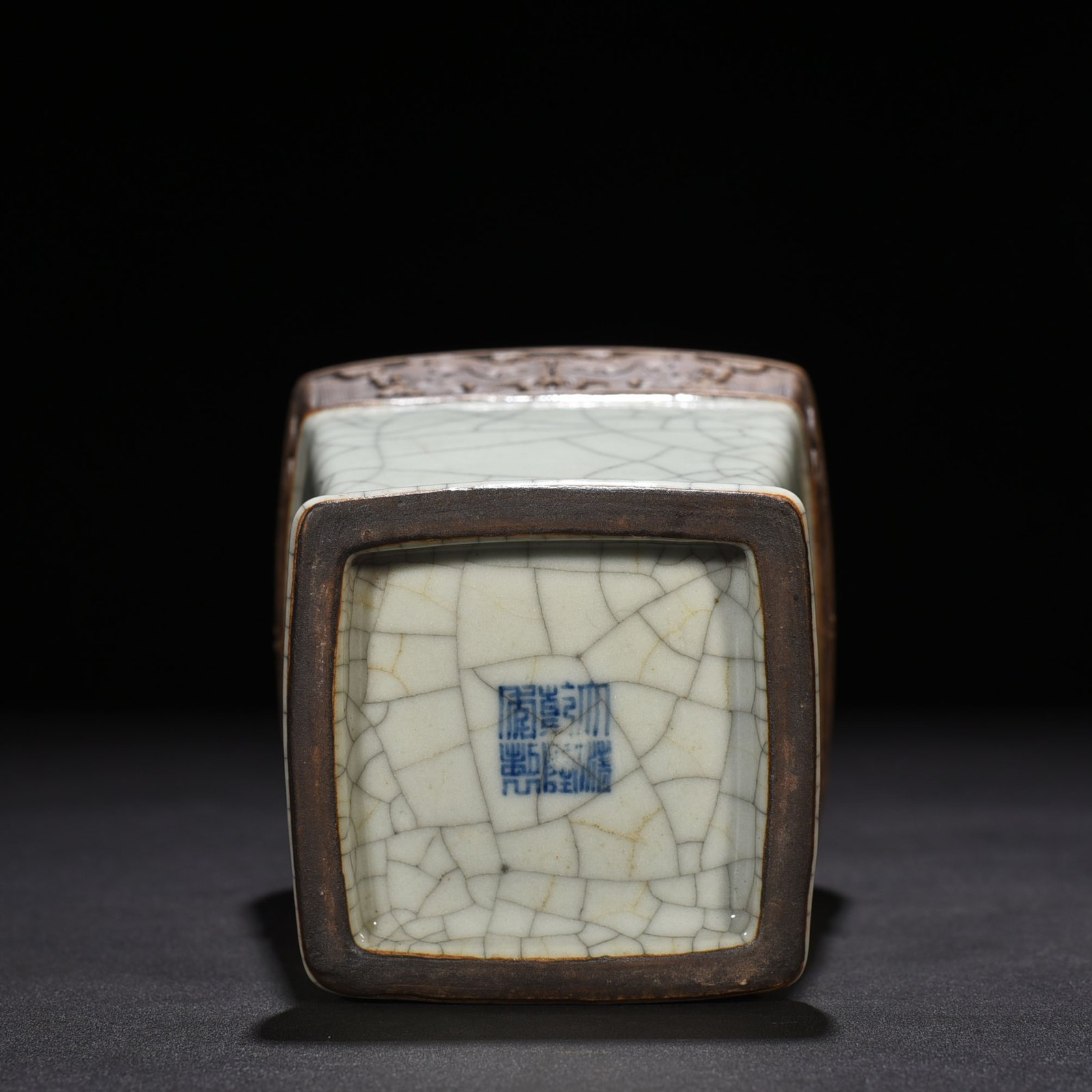 Qing Dynasty Qianlong official kiln carved Taotie square vase