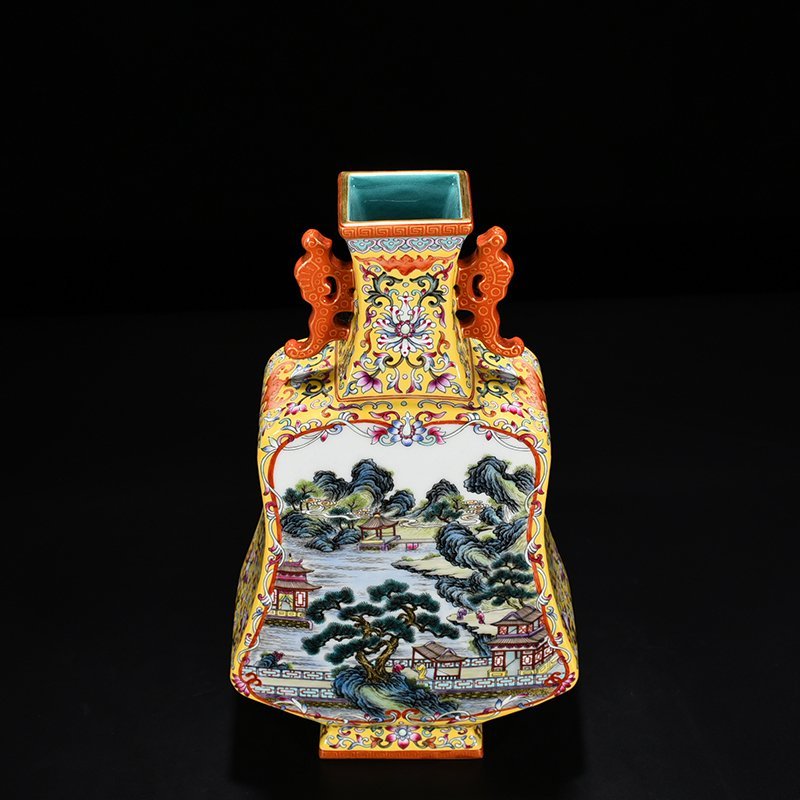 Qing Dynasty Qianlong consecrated pastel figure landscape double-eared flat vase Pipa vase