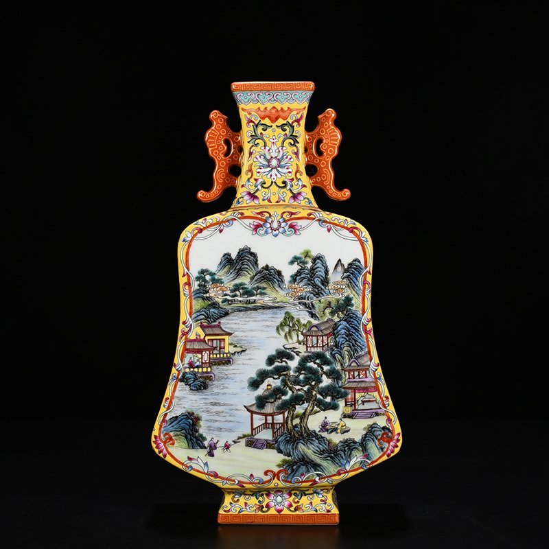 Qing Dynasty Qianlong consecrated pastel figure landscape double-eared flat vase Pipa vase