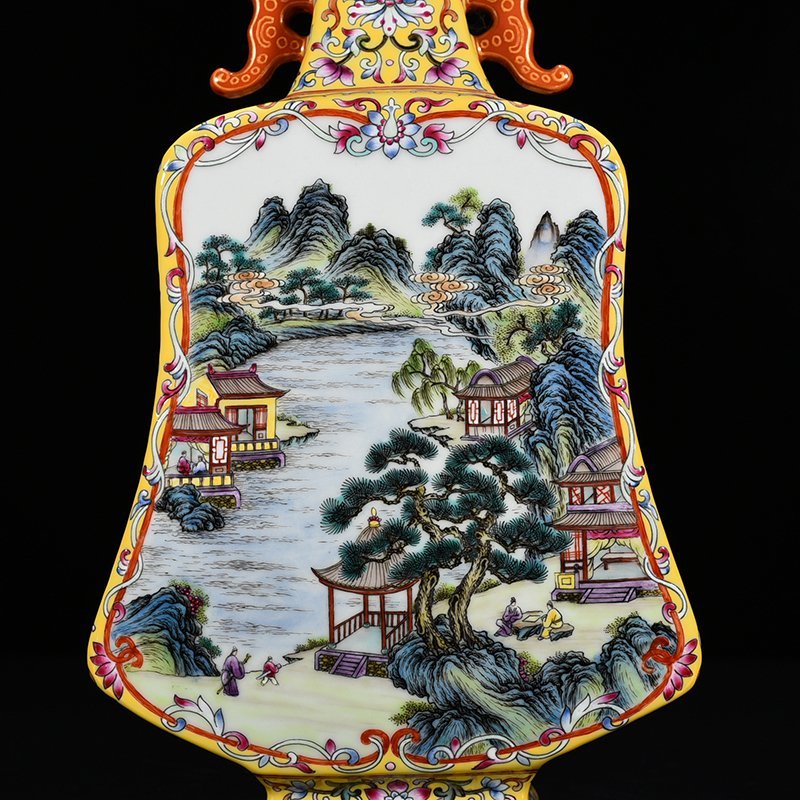 Qing Dynasty Qianlong consecrated pastel figure landscape double-eared flat vase Pipa vase