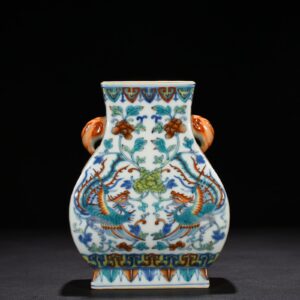 Qing Dynasty Qianlong doucai painted golden phoenix with peony elephant ear square pot