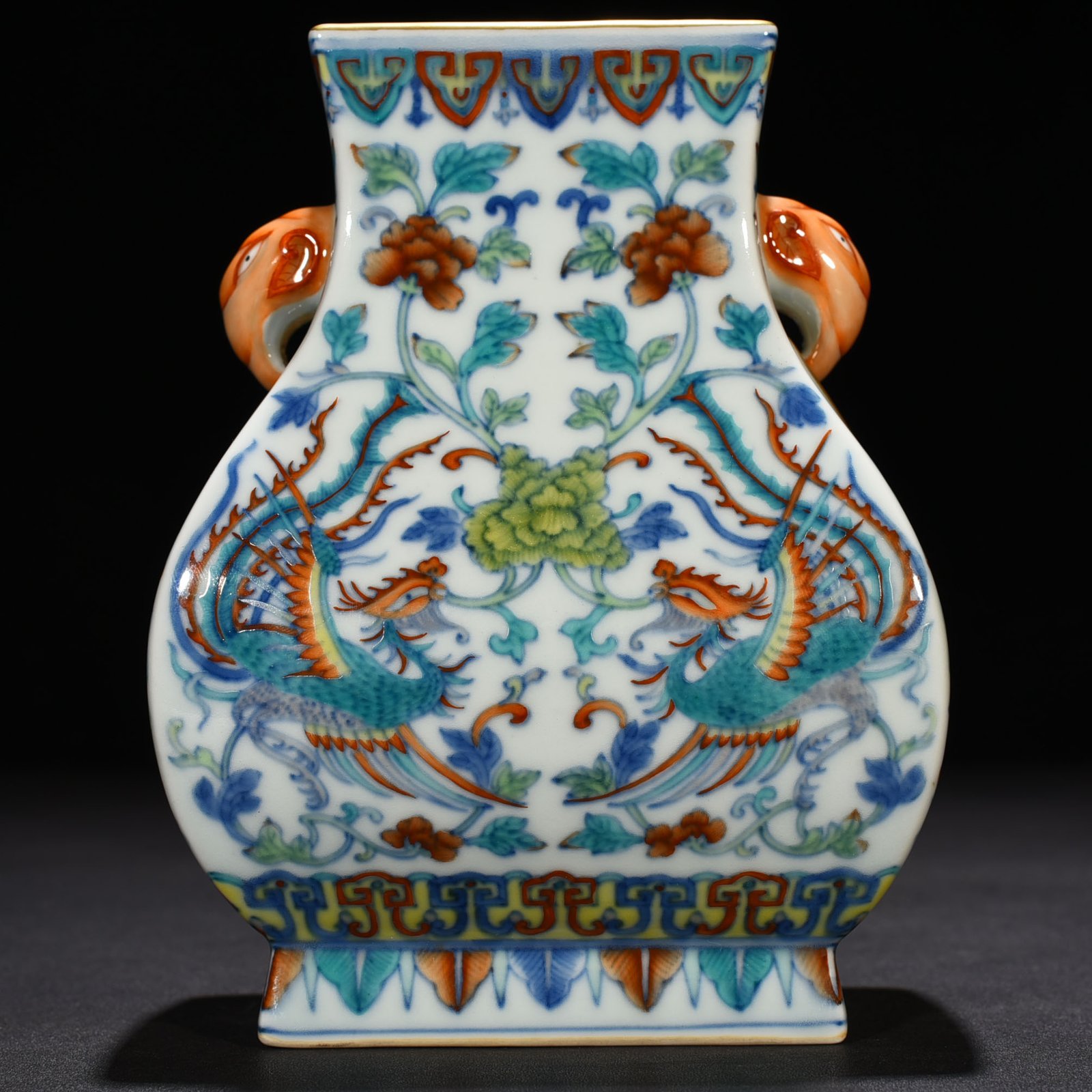 Qing Dynasty Qianlong doucai painted golden phoenix with peony elephant ear square pot