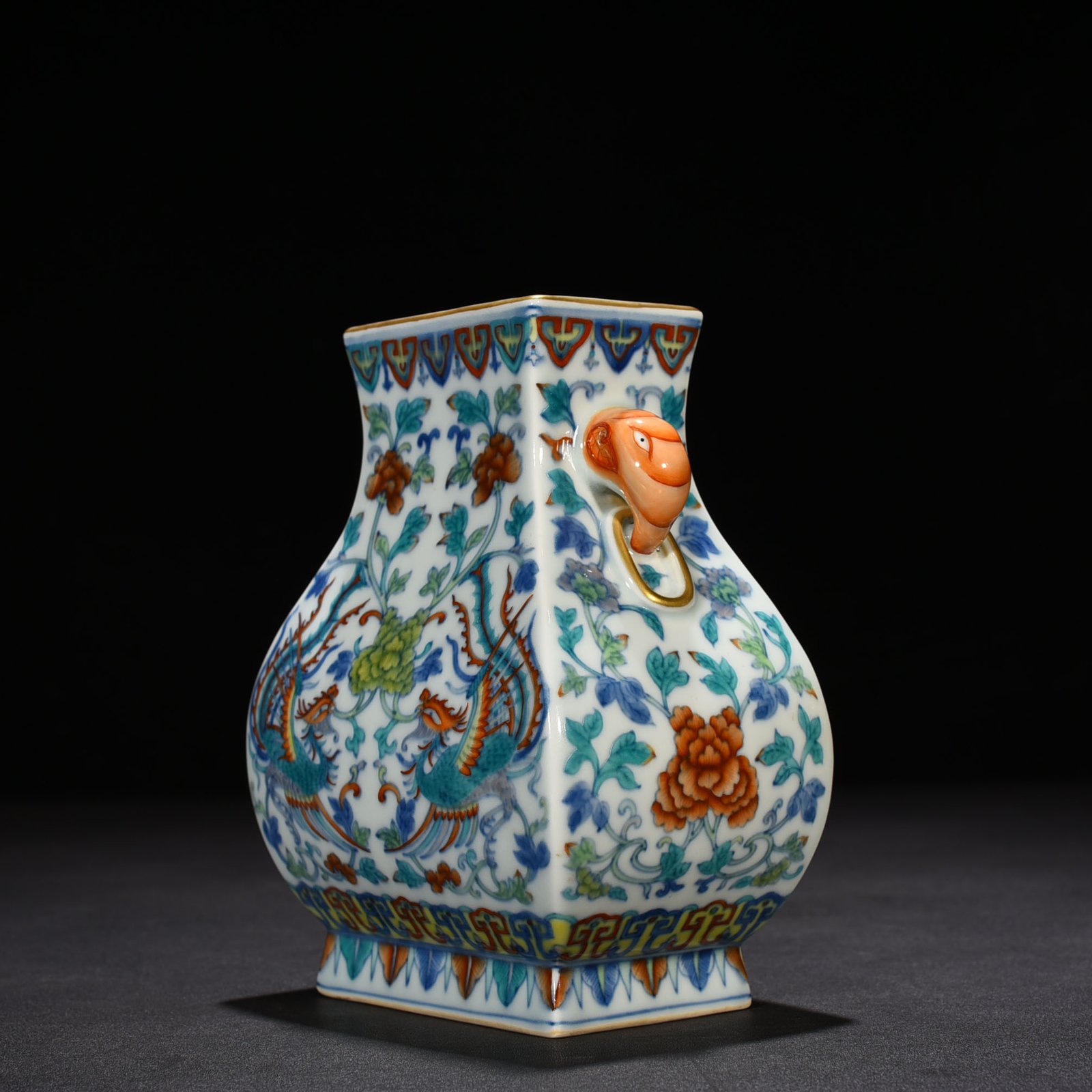 Qing Dynasty Qianlong doucai painted golden phoenix with peony elephant ear square pot