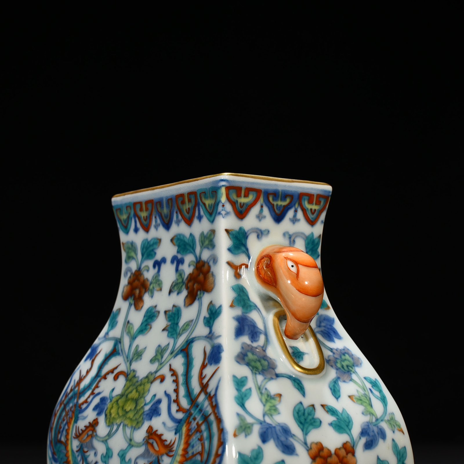 Qing Dynasty Qianlong doucai painted golden phoenix with peony elephant ear square pot