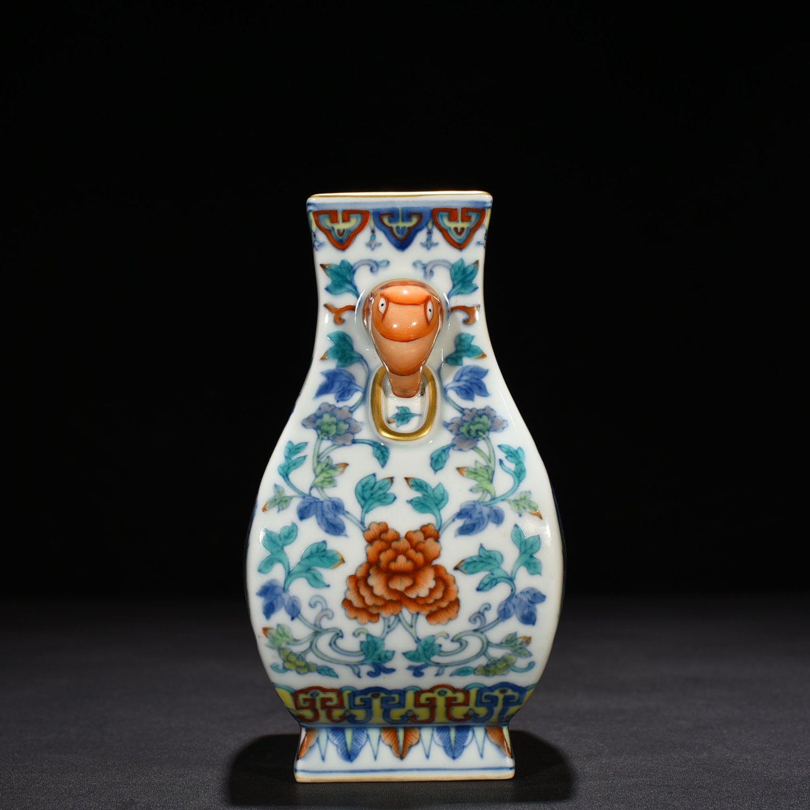 Qing Dynasty Qianlong doucai painted golden phoenix with peony elephant ear square pot