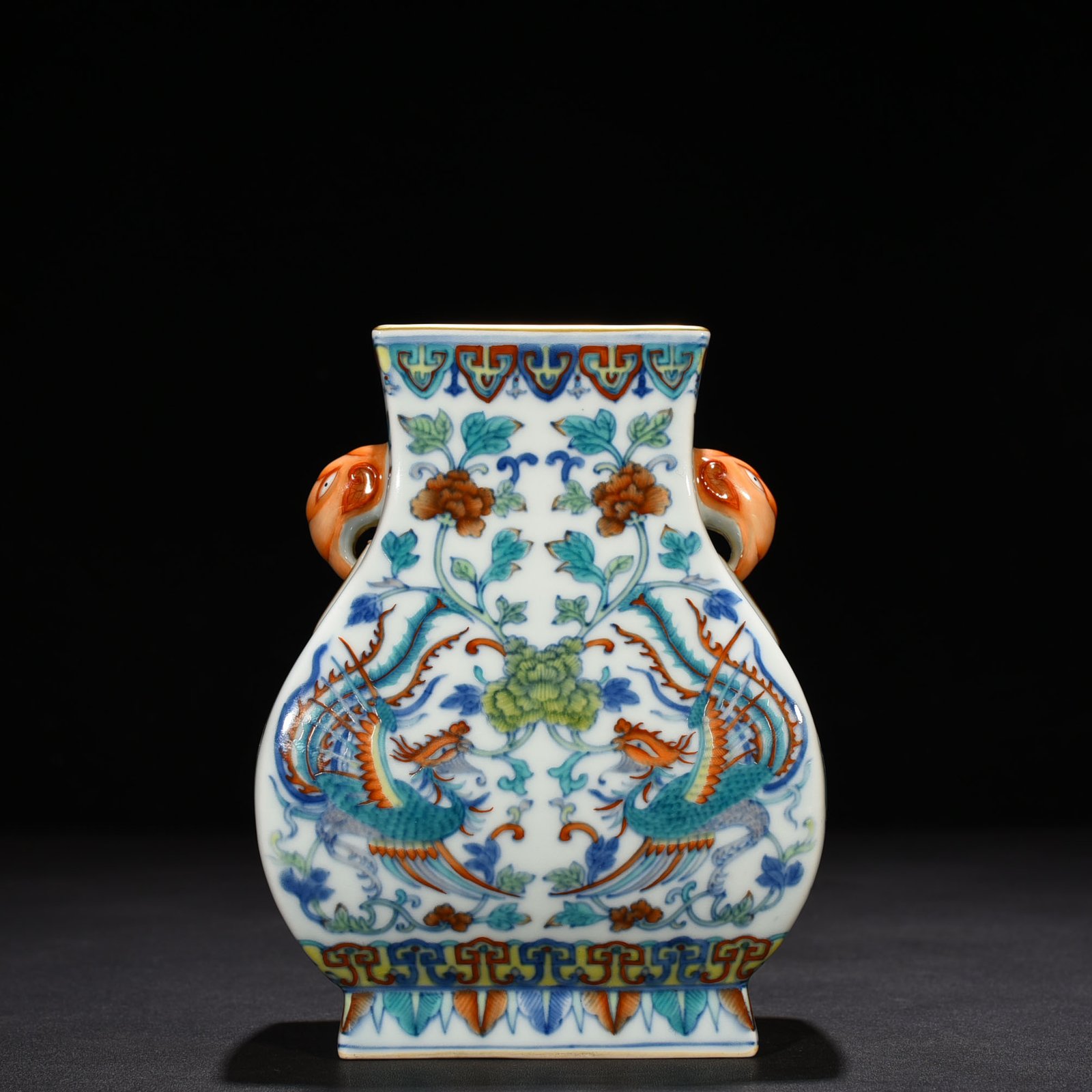 Qing Dynasty Qianlong doucai painted golden phoenix with peony elephant ear square pot