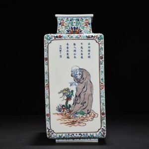 Qing Dynasty Qianlong doucai square vase with Arhat
