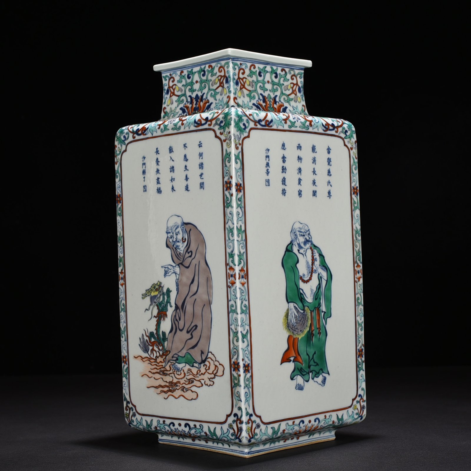 Qing Dynasty Qianlong doucai square vase with Arhat