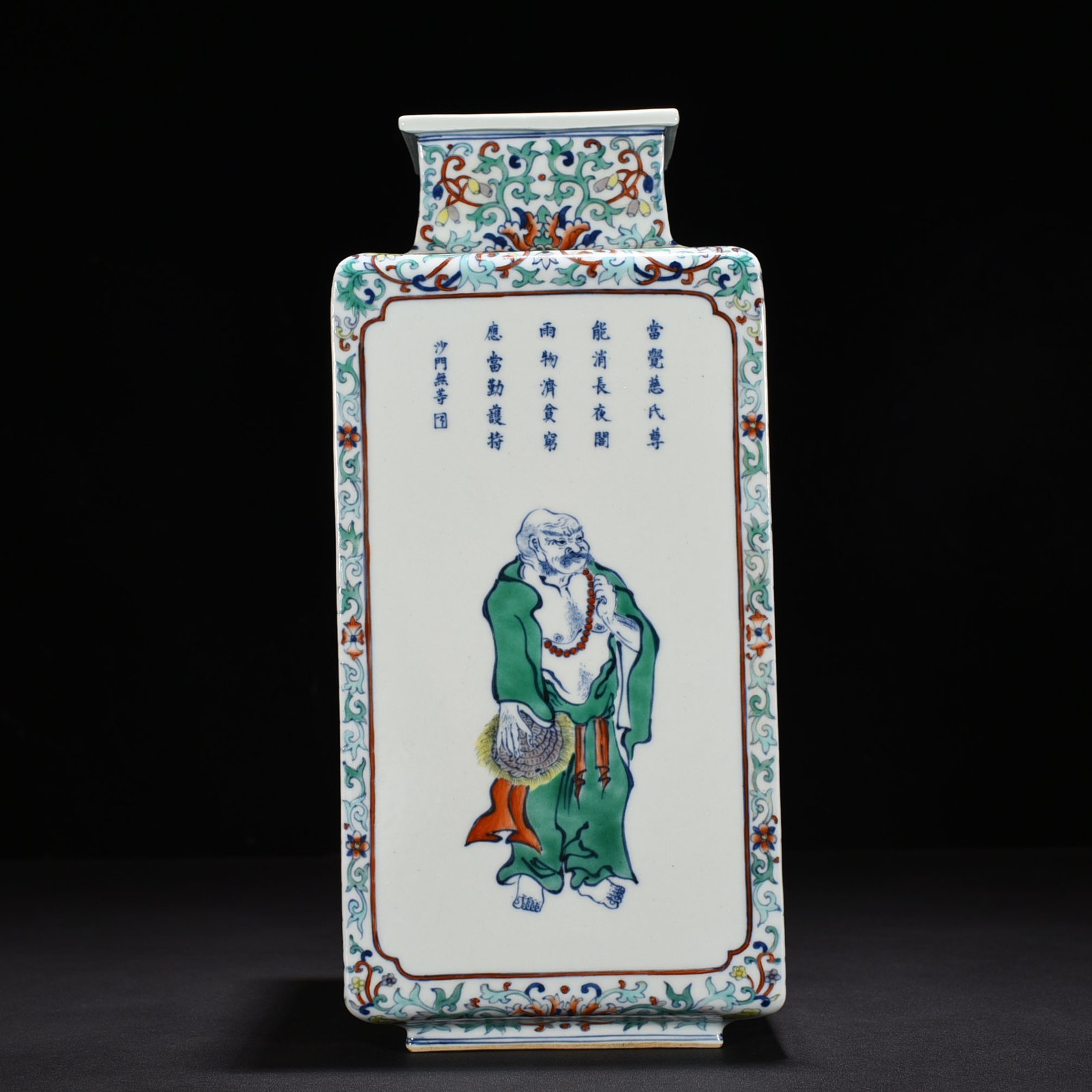 Qing Dynasty Qianlong doucai square vase with Arhat