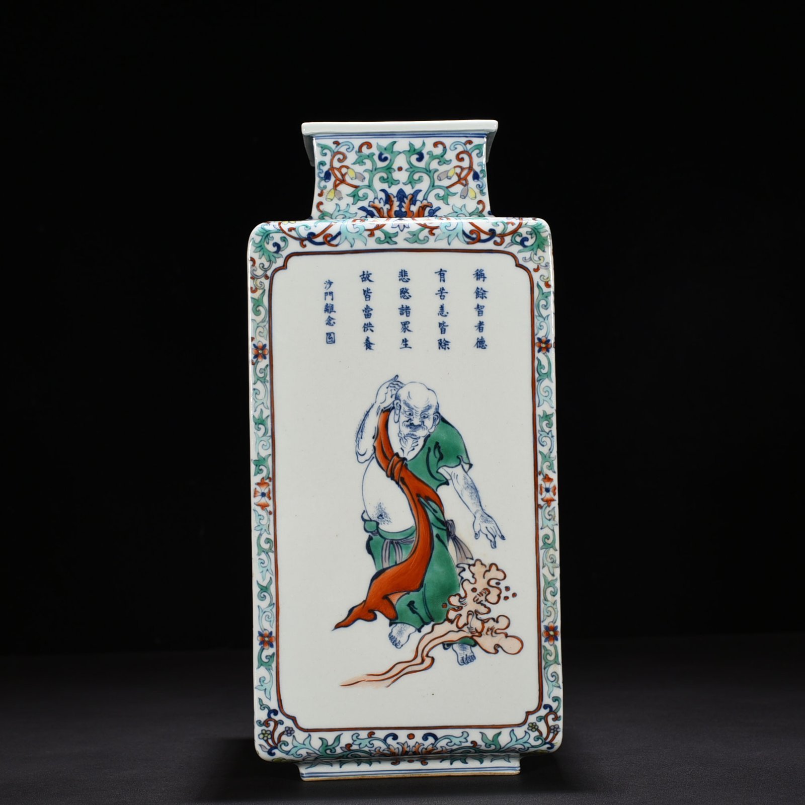 Qing Dynasty Qianlong doucai square vase with Arhat