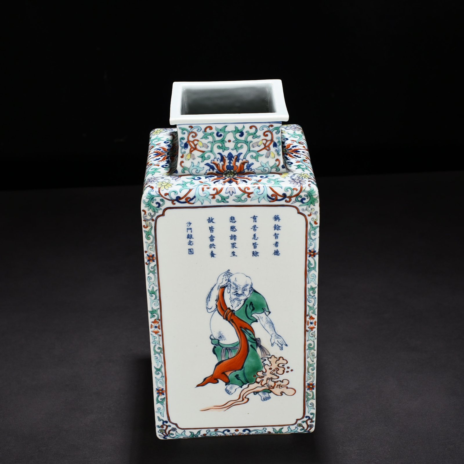 Qing Dynasty Qianlong doucai square vase with Arhat