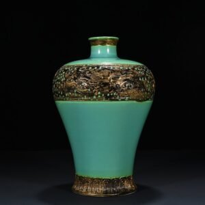 Qing Dynasty Qianlong turquoise green bronze glaze carved animal mask plum vase