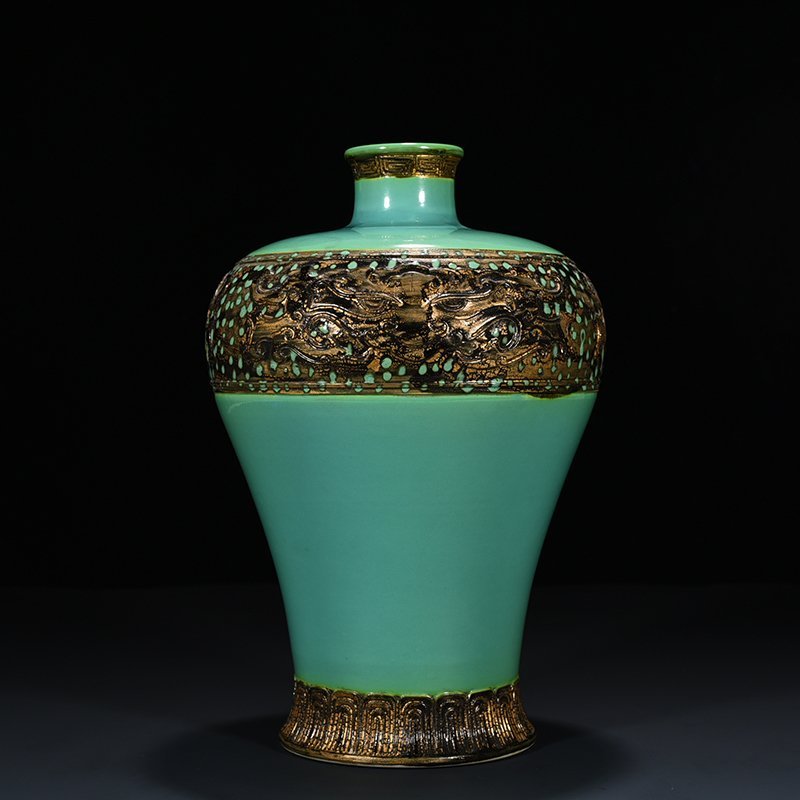 Qing Dynasty Qianlong turquoise green bronze glaze carved animal mask plum vase