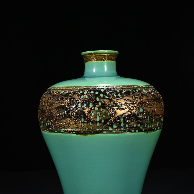 Qing Dynasty Qianlong turquoise green bronze glaze carved animal mask plum vase